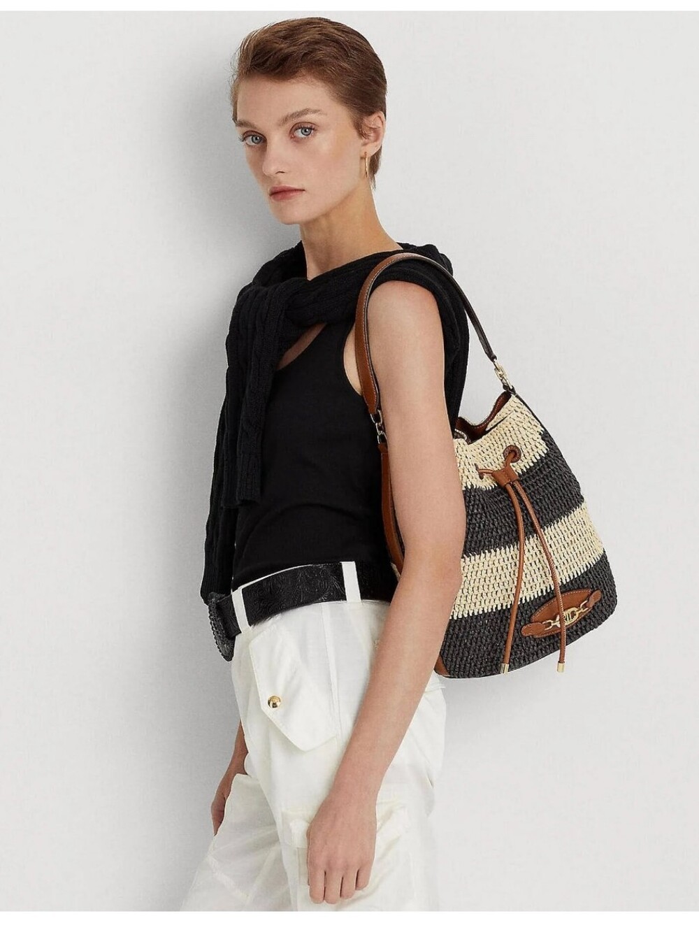 Lauren Ralph Lauren Raffia Straw Large Striped Andie Drawstring Shoulder Bag - Picture 3 of 9